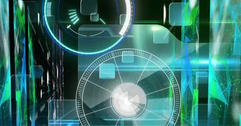 Image of two scopes scanning and data processing on digital screen 스톡 일러스트