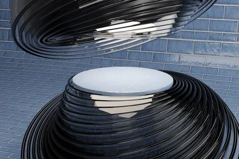 Image of two shiny black iron round objects with layers and a light center on th Stock Illustration