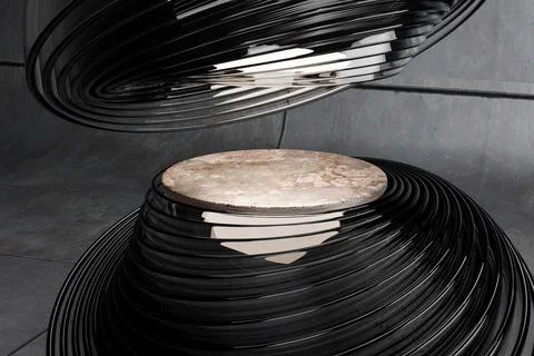 Image of two shiny black iron round objects with layers and a light center on th Stock Illustration