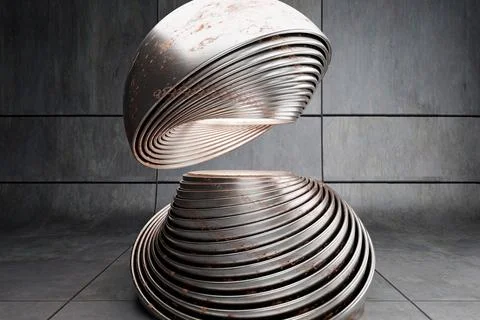 Image of two shiny dark grey round objects with layers and a light center on the Stock Illustration