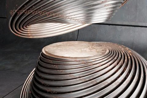 Image of two shiny dark grey round objects with layers and a light center on the Stock Illustration