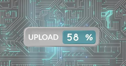Image of upload and changing numbers in bar over circuit board pattern on gray Stockfoto's