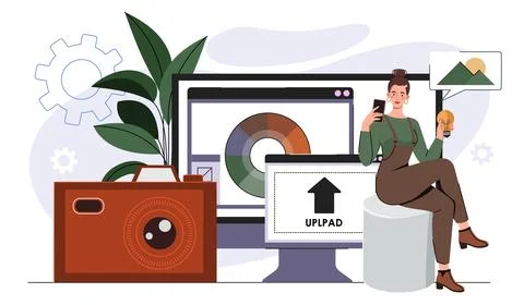 Image upload concept. Woman uploading pictures on internet. Electronic archive Stock Illustration