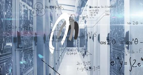 Image of uploading data roundel and maths calculations over computer server.. Foto stock