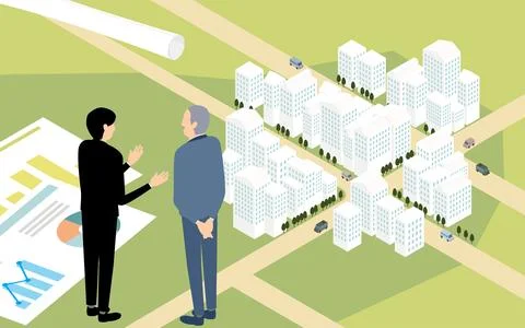 Image of urban development, isometric illustration of building town from a Ilustración de archivo