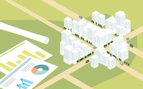 Image of urban development, isometric illustration of building town from a Ilustración de archivo