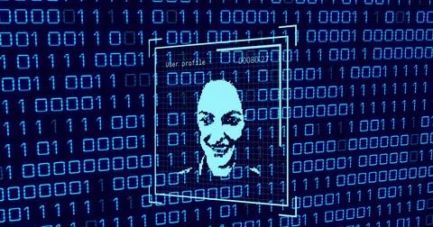 Image of user photo and binary code on navy background Illustrazione stock