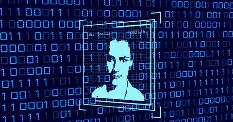 Image of user photo and binary code on navy background Stock Illustration