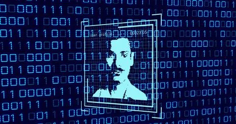 Image of user photo and binary code on navy background Stock Illustration