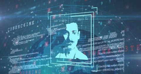 Image of user photo and data processing over globe on navy background 스톡 사진