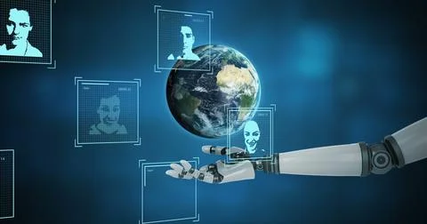 Image of user photos over globe and arm of robot Illustrazione stock
