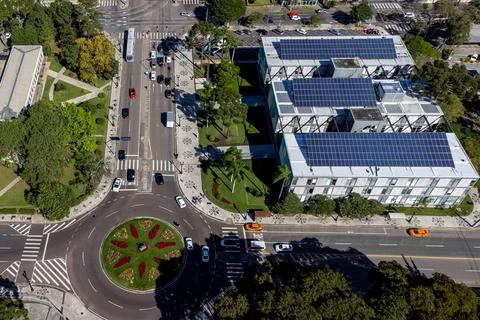 Image using a drone, on a sunny day, of Curitiba City Hall, headquarters of t Stock Photos
