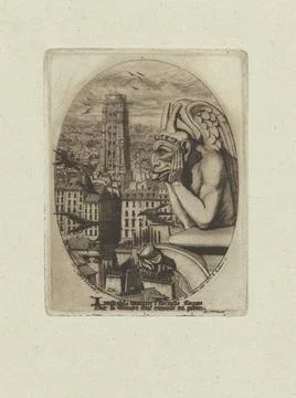 Image of vampire as a garwave on tower of Notre Dame and vista over Paris;... 스톡 사진