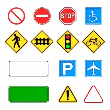 Image of various road signs isolated on a white background. 3D rendering Stock Illustration