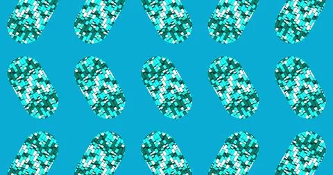 Image of vertical rows of blue mosaic capsule shapes moving on blue background Stock Illustration