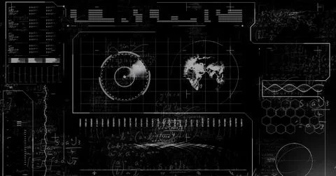 Image of vhs glitch data processing and mathematical equations over working in Stock Photos