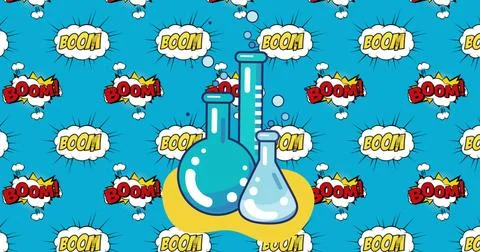 Image of vials and comic boom icons on blue background Stock Photos