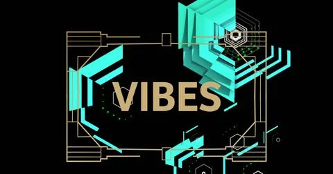 Image of vibes text in abstract pattern over hexagons against black background Stock Photos