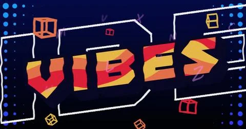 Image of vibes text and falling shapes over black background Stock Illustration