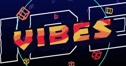 Image of vibes text and falling shapes over black background Stock Illustration