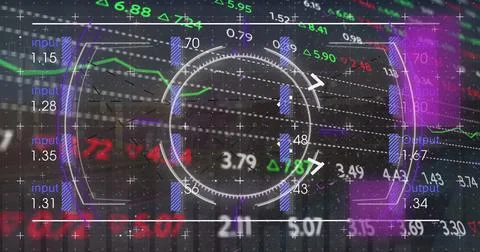Image of viewfinder, glitch, numbers and financial data on digital screen Stock Illustration
