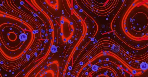 Image of violet cells over red background with waves 库存插图