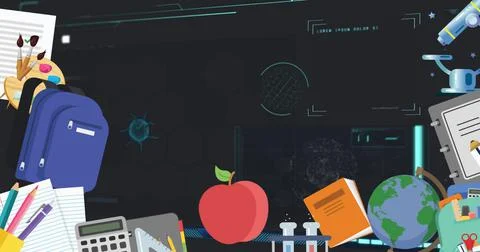 Image of virus cell and data processing over school icons Stock Illustration