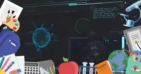 Image of virus cell and data processing over school icons Stock Illustration