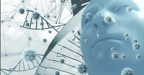 Image of virus cells and dna strand over digital human Illustrazione stock