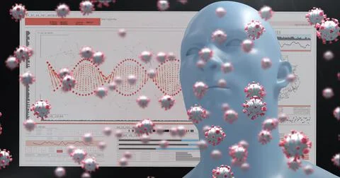 Image of virus cells and human head over medical data processing Stock Illustration