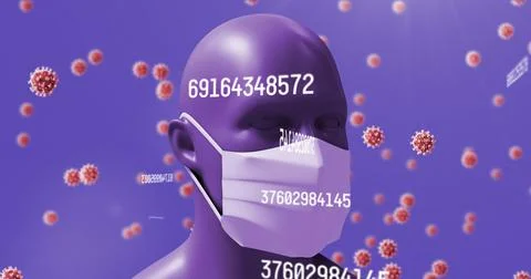Image of virus cells and numbers and human with face mask and data processing Ilustração Stock