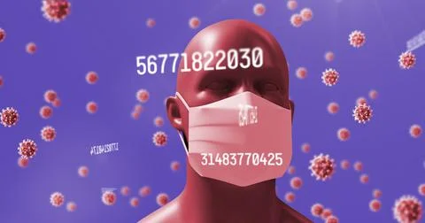 Image of virus cells and numbers and human with face mask and data processing Stock Illustration