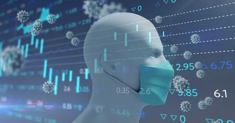 Image of virus cells floating and human with face mask over data processing Ilustração Stock