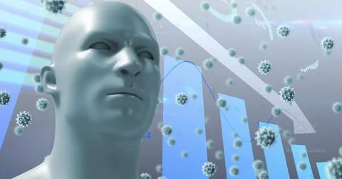 Image of virus cells floating and human over data processing Ilustração Stock