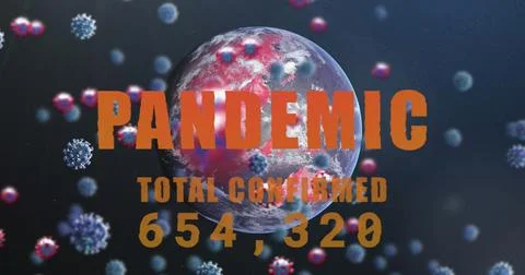 Image of virus cells, pandemic, globe and total confirmed with numbers 스톡 일러스트