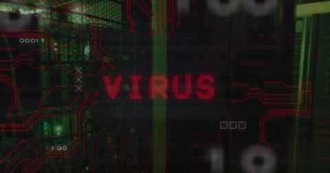 Image of virus text and data processing over server room Stock Illustration