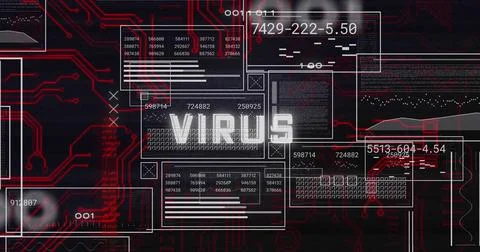 Image of virus text and data processing on interface screens on black background Foto stock