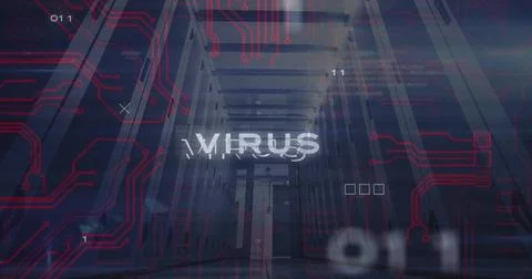 Image of virus text, binary codes and computer language, low angle view of Stock Photos