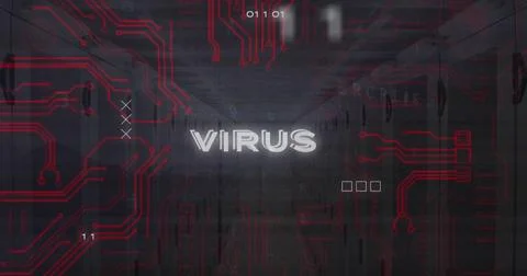 Image of virus text, binary codes and circuit board pattern over server room Stockfoto's