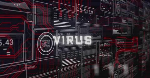 Image of virus text with binary codes, changing numbers, graphs, loading circles Stock Photos
