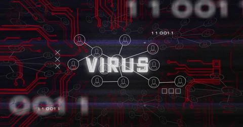 Image of virus text, binary codes over connected icons against circuit board Foto stock