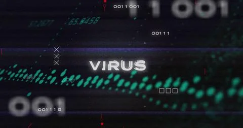 Image of virus text, binary codes over circuit board pattern against graphs on Stockfoto's