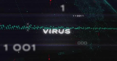 Image of virus text, binary codes over circuit board pattern against graphs on 写真素材