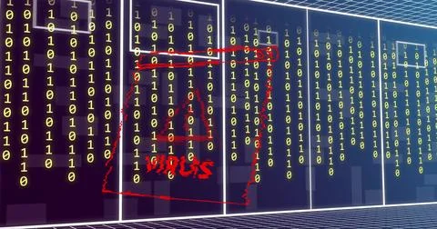 Image of virus text, binary coding and data processing over computer servers Stock Illustration
