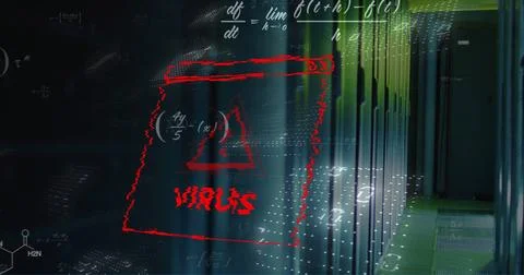 Image of virus text, binary coding and data processing over computer servers Stock Illustration