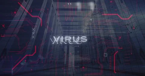 Image of virus text in circles over mathematical equations and computer language Fotos de archivo
