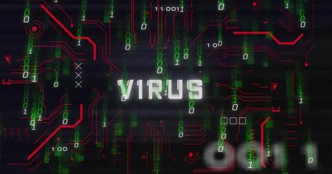 Image of virus text in circuit board pattern over falling binary codes against Stockfoto's