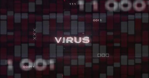Image of virus text, circuit board texture, binary codes over red and white bars Stock Photos