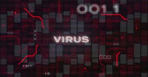 Image of virus text, circuit board texture, binary codes over red and white bars Stock Photos