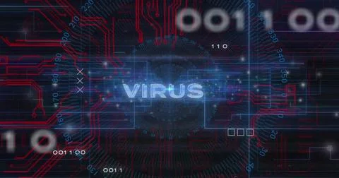 Image of virus text with computer circuit board and data processing on black Foto stock